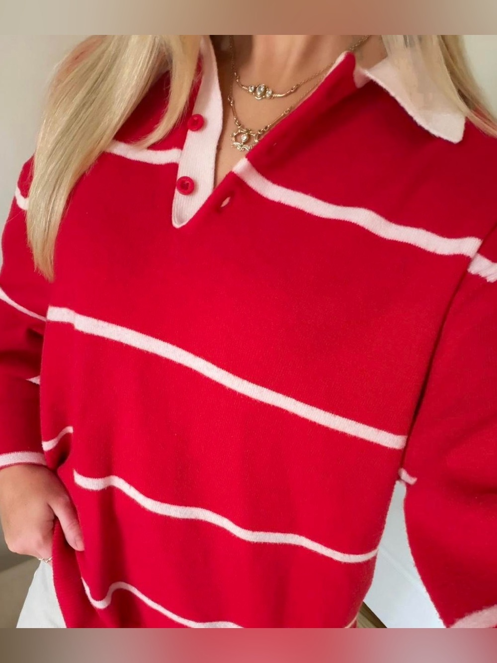 NA-KD Striped Polo Collared Rugby Sweater in Cherry Red/Baby Pink - L